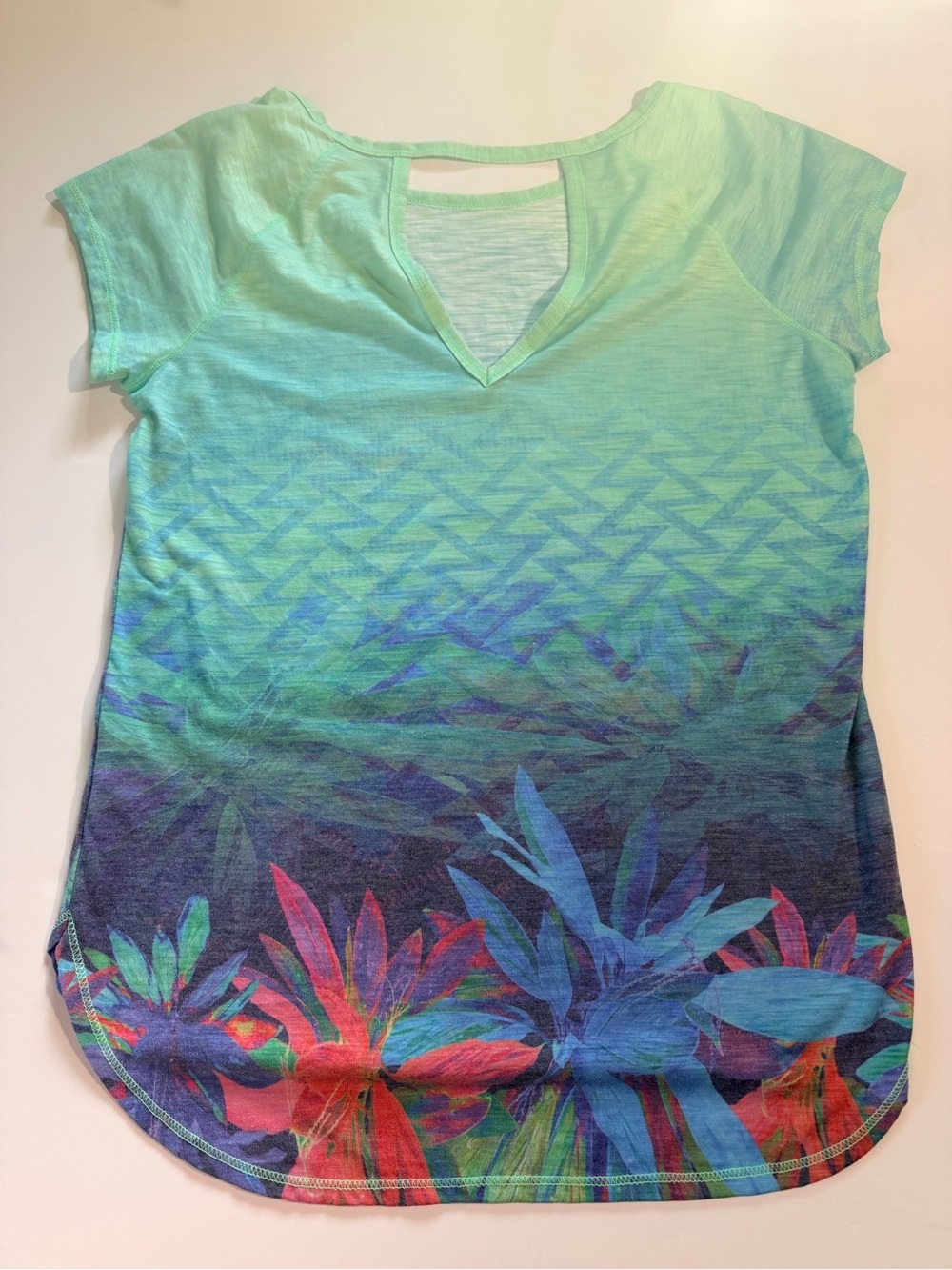 Guy Harvey Mint to Teal Ombre Floral V-Neck Short Sleeve Top